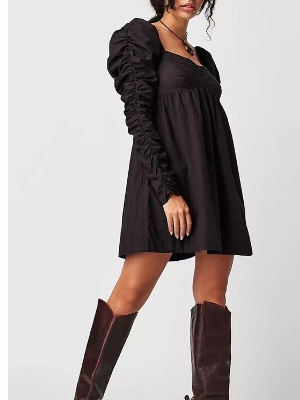 NWOT Free People Lindsay Rose Black Ruched Puff-Sleeve Babydoll Dress S